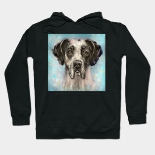 Chaotic Painting of a Black and White Great Dane on a Light Blue Background Hoodie